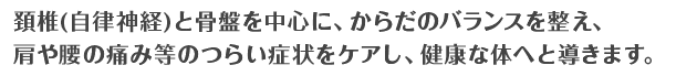 頚椎(自律神経)と骨盤を中心に、からだのバランスを整え、肩や腰の痛み等のつらい症状をケアし、健康な体へと導きます。